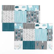 WholeCloth Quilt - Winslow Woodland - blue,grey,teal deer antlers, arrows, Woodgrain patchwork squares