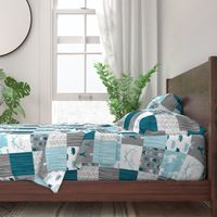 WholeCloth Quilt - Winslow Woodland - blue,grey,teal deer antlers, arrows, Woodgrain patchwork squares