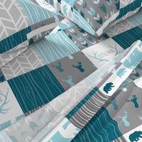 WholeCloth Quilt - Winslow Woodland - blue,grey,teal deer antlers, arrows, Woodgrain patchwork squares