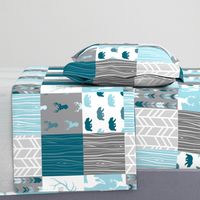 WholeCloth Quilt - Winslow Woodland - blue,grey,teal deer antlers, arrows, Woodgrain patchwork squares