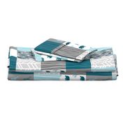 WholeCloth Quilt - Winslow Woodland - blue,grey,teal deer antlers, arrows, Woodgrain patchwork squares