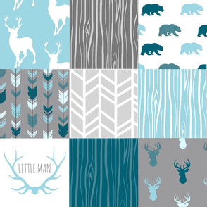 WholeCloth Quilt - Winslow Woodland - blue,grey,teal deer antlers, arrows, Woodgrain patchwork squares