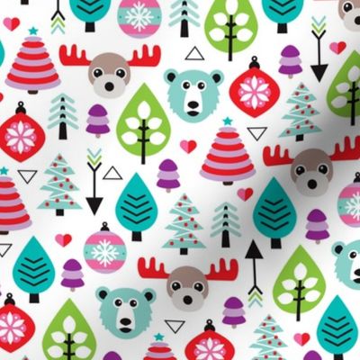Colorful christmas trees and winter woodland animals kids