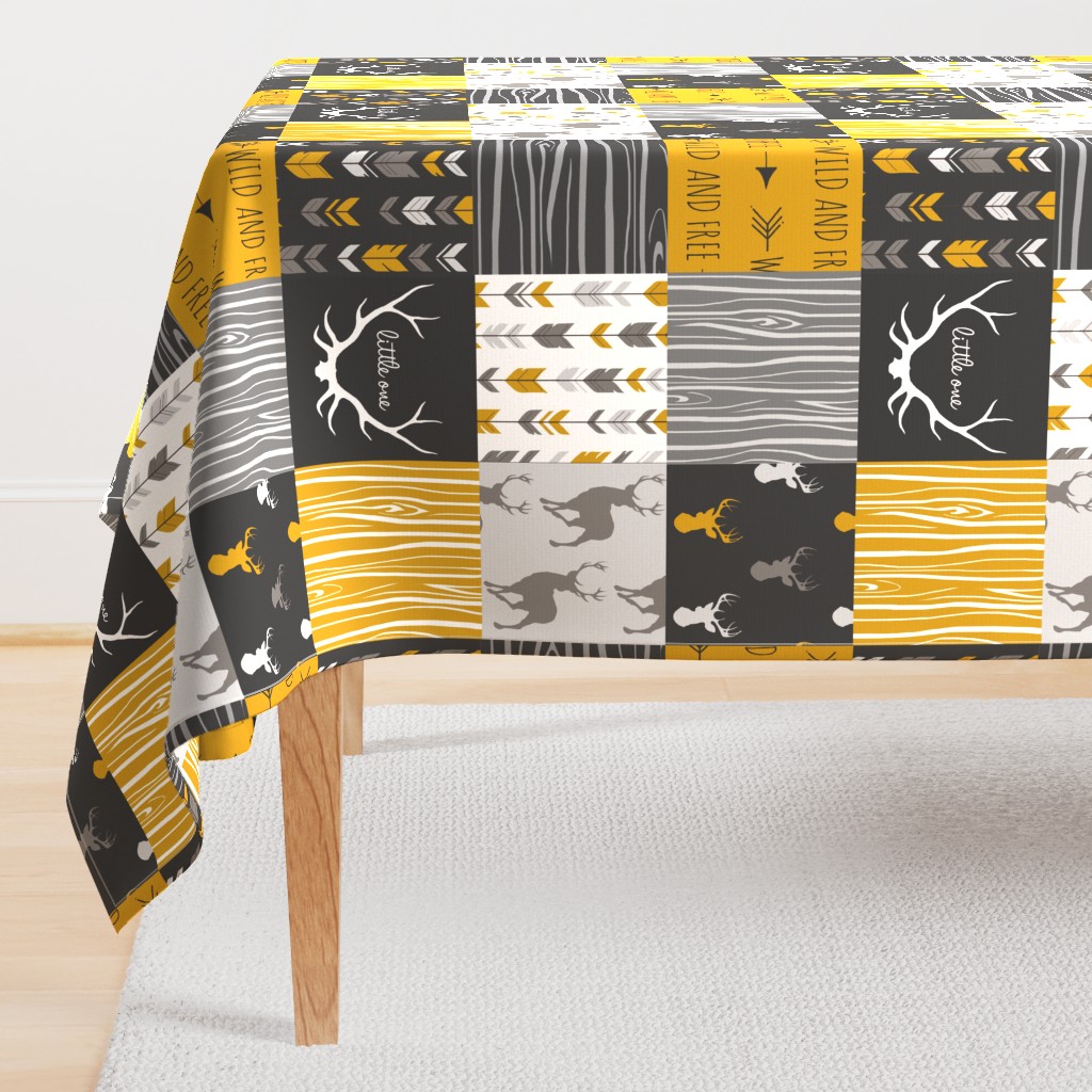 WholeCloth Quilt- Ironwood -gold,charcoal ,grey deer, antler, arrows, Woodgrain patchwork squares