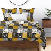 WholeCloth Quilt- Ironwood -gold,charcoal ,grey deer, antler, arrows, Woodgrain patchwork squares