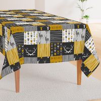 WholeCloth Quilt- Ironwood -gold,charcoal ,grey deer, antler, arrows, Woodgrain patchwork squares