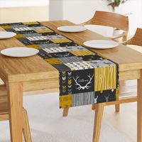 WholeCloth Quilt- Ironwood -gold,charcoal ,grey deer, antler, arrows, Woodgrain patchwork squares