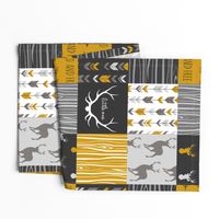 WholeCloth Quilt- Ironwood -gold,charcoal ,grey deer, antler, arrows, Woodgrain patchwork squares