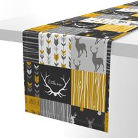 WholeCloth Quilt- Ironwood -gold,charcoal ,grey deer, antler, arrows, Woodgrain patchwork squares