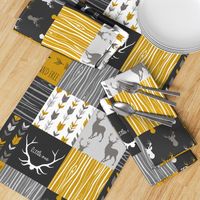 WholeCloth Quilt- Ironwood -gold,charcoal ,grey deer, antler, arrows, Woodgrain patchwork squares