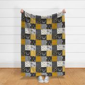 WholeCloth Quilt- Ironwood -gold,charcoal ,grey deer, antler, arrows, Woodgrain patchwork squares