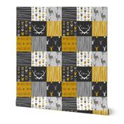 WholeCloth Quilt- Ironwood -gold,charcoal ,grey deer, antler, arrows, Woodgrain patchwork squares