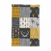 WholeCloth Quilt- Ironwood -gold,charcoal ,grey deer, antler, arrows, Woodgrain patchwork squares