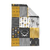 WholeCloth Quilt- Ironwood -gold,charcoal ,grey deer, antler, arrows, Woodgrain patchwork squares
