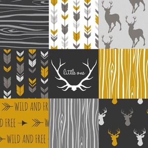 WholeCloth Quilt- Ironwood -gold,charcoal ,grey deer, antler, arrows, Woodgrain patchwork squares