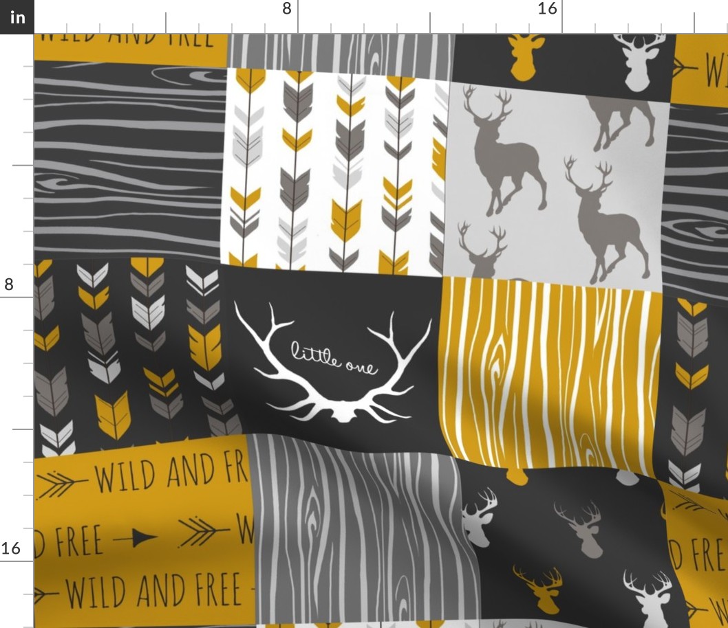 WholeCloth Quilt- Ironwood -gold,charcoal ,grey deer, antler, arrows, Woodgrain patchwork squares