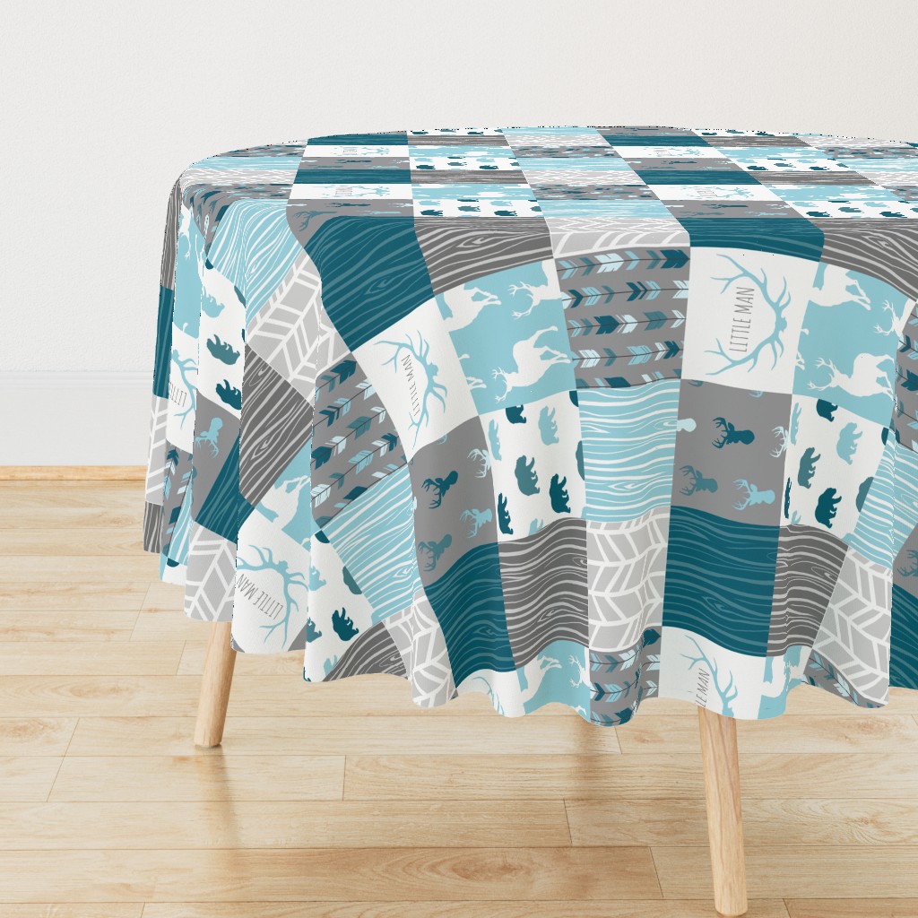 Wholecloth Quilt - Winslow Woodland - Blue/teal/grey deer antlers arrows and woodgrain