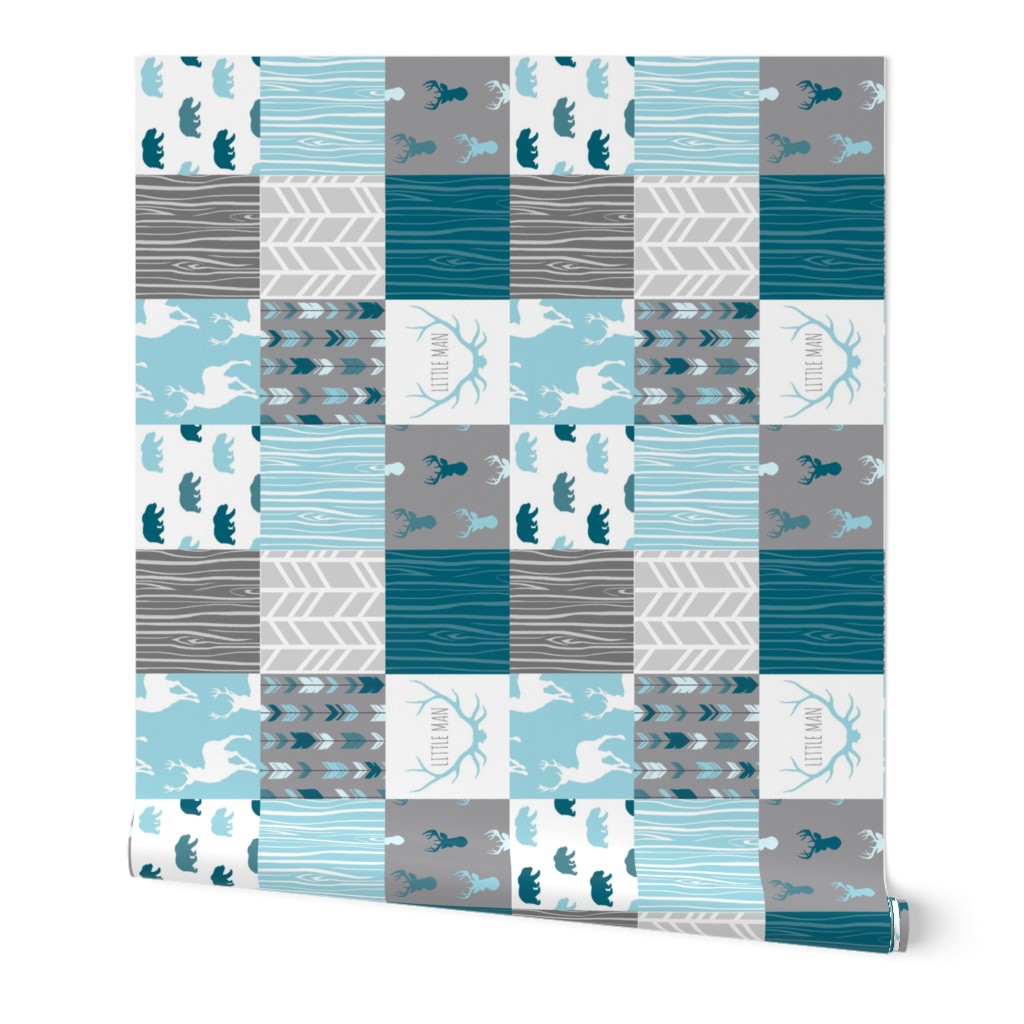 Wholecloth Quilt - Winslow Woodland - Blue/teal/grey deer antlers arrows and woodgrain