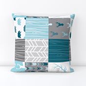 Wholecloth Quilt - Winslow Woodland - Blue/teal/grey deer antlers arrows and woodgrain