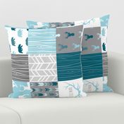 Wholecloth Quilt - Winslow Woodland - Blue/teal/grey deer antlers arrows and woodgrain