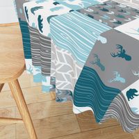 Wholecloth Quilt - Winslow Woodland - Blue/teal/grey deer antlers arrows and woodgrain