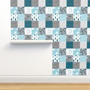 Wholecloth Quilt - Winslow Woodland - Blue/teal/grey deer antlers arrows and woodgrain