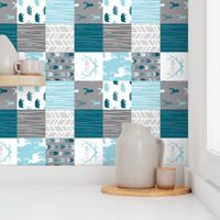 Wholecloth Quilt - Winslow Woodland - Blue/teal/grey deer antlers arrows and woodgrain