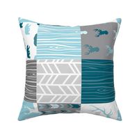 Wholecloth Quilt - Winslow Woodland - Blue/teal/grey deer antlers arrows and woodgrain
