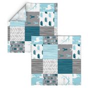 Wholecloth Quilt - Winslow Woodland - Blue/teal/grey deer antlers arrows and woodgrain