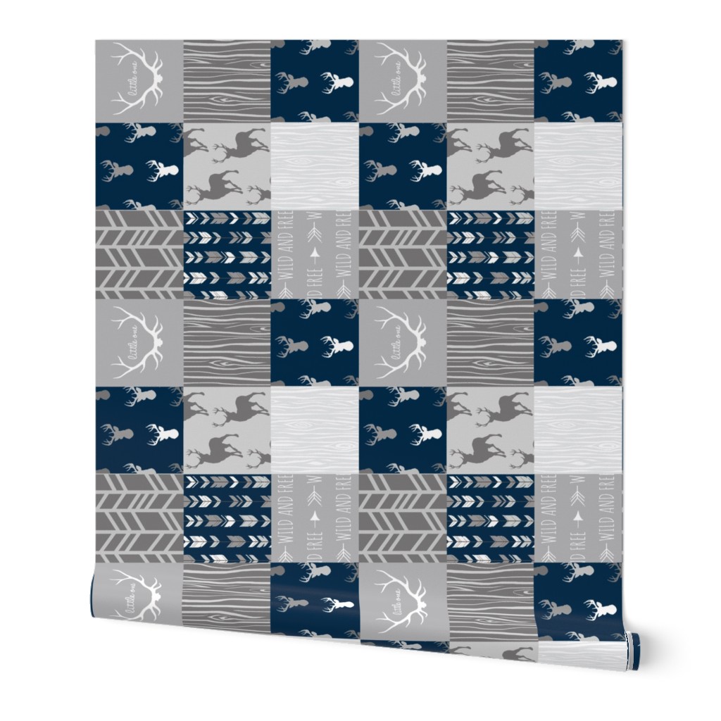 Wholecloth Quilt- Starlit - Navy and Grey Deer, antlers, arrows, patchwork woodland 