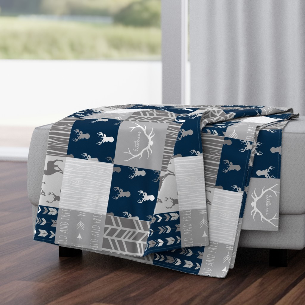 Wholecloth Quilt- Starlit - Navy and Grey Deer, antlers, arrows, patchwork woodland 