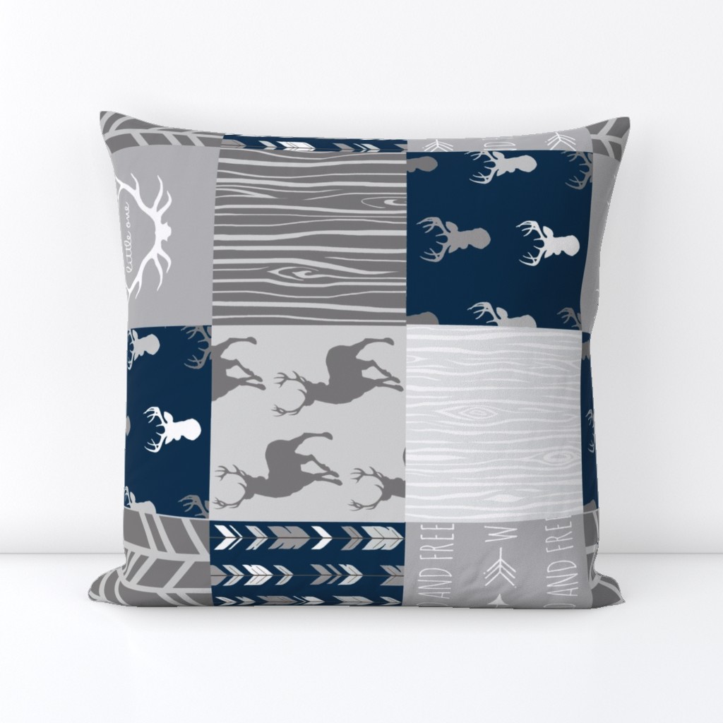 Wholecloth Quilt- Starlit - Navy and Grey Deer, antlers, arrows, patchwork woodland 