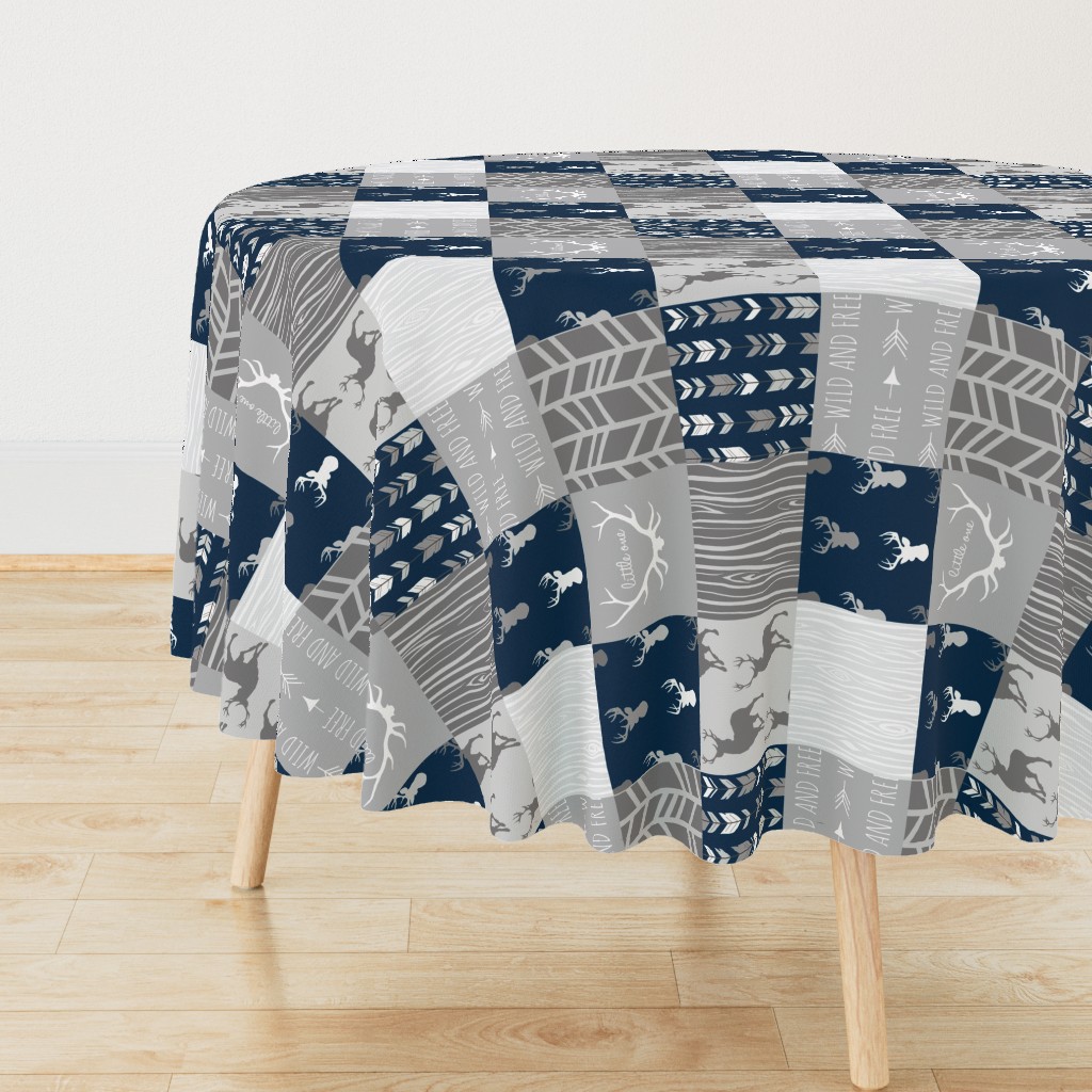 Wholecloth Quilt- Starlit - Navy and Grey Deer, antlers, arrows, patchwork woodland 