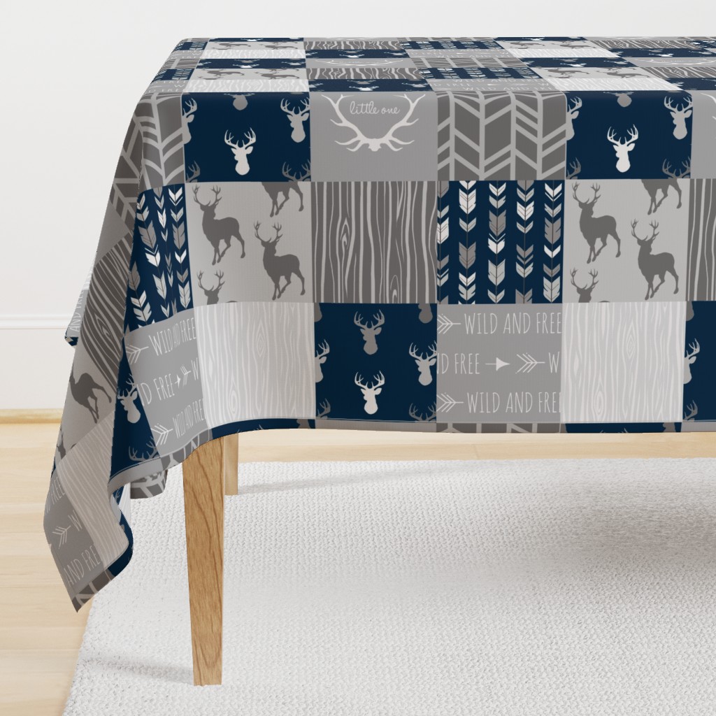 Wholecloth Quilt- Starlit - Navy and Grey Deer, antlers, arrows, patchwork woodland 