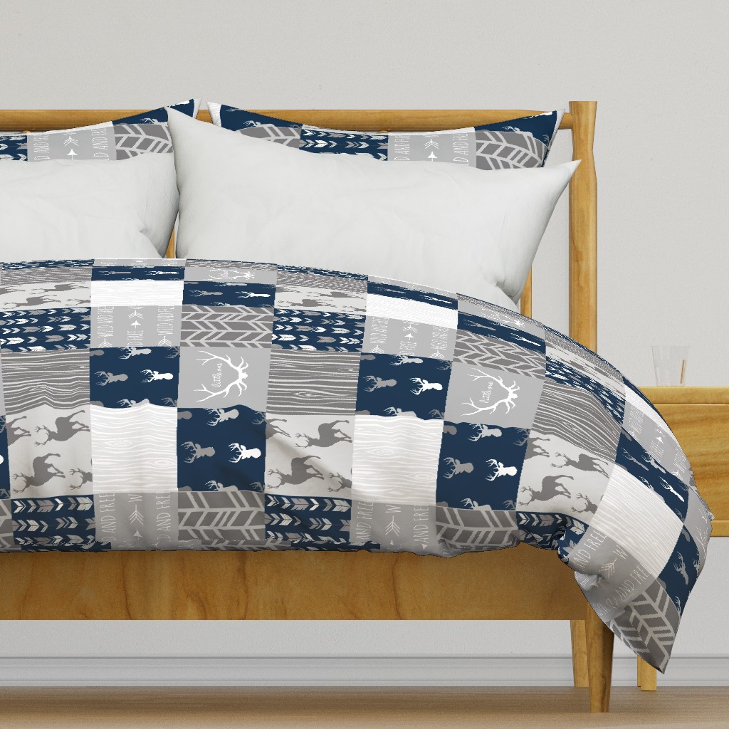 Wholecloth Quilt- Starlit - Navy and Grey Deer, antlers, arrows, patchwork woodland 