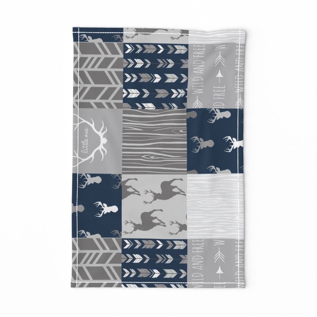 Wholecloth Quilt- Starlit - Navy and Grey Deer, antlers, arrows, patchwork woodland 