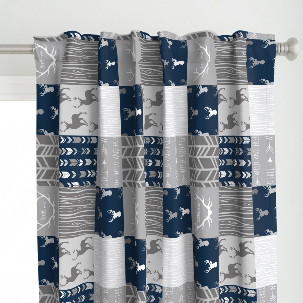 Wholecloth Quilt- Starlit - Navy and Grey Deer, antlers, arrows, patchwork woodland 