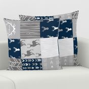 Wholecloth Quilt- Starlit - Navy and Grey Deer, antlers, arrows, patchwork woodland 