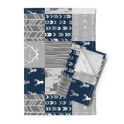 Wholecloth Quilt- Starlit - Navy and Grey Deer, antlers, arrows, patchwork woodland 