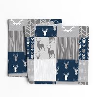 Wholecloth Quilt- Starlit - Navy and Grey Deer, antlers, arrows, patchwork woodland 