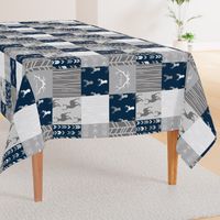 Wholecloth Quilt- Starlit - Navy and Grey Deer, antlers, arrows, patchwork woodland 