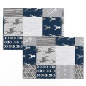 Wholecloth Quilt- Starlit - Navy and Grey Deer, antlers, arrows, patchwork woodland 