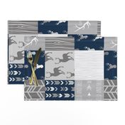 Wholecloth Quilt- Starlit - Navy and Grey Deer, antlers, arrows, patchwork woodland 