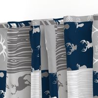 Wholecloth Quilt- Starlit - Navy and Grey Deer, antlers, arrows, patchwork woodland 