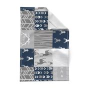 Wholecloth Quilt- Starlit - Navy and Grey Deer, antlers, arrows, patchwork woodland 