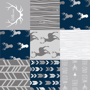 Wholecloth Quilt- Starlit - Navy and Grey Deer, antlers, arrows, patchwork woodland 