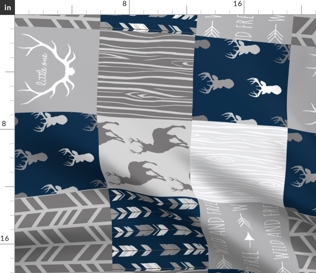 Wholecloth Quilt- Starlit - Navy and Grey Deer, antlers, arrows, patchwork woodland 