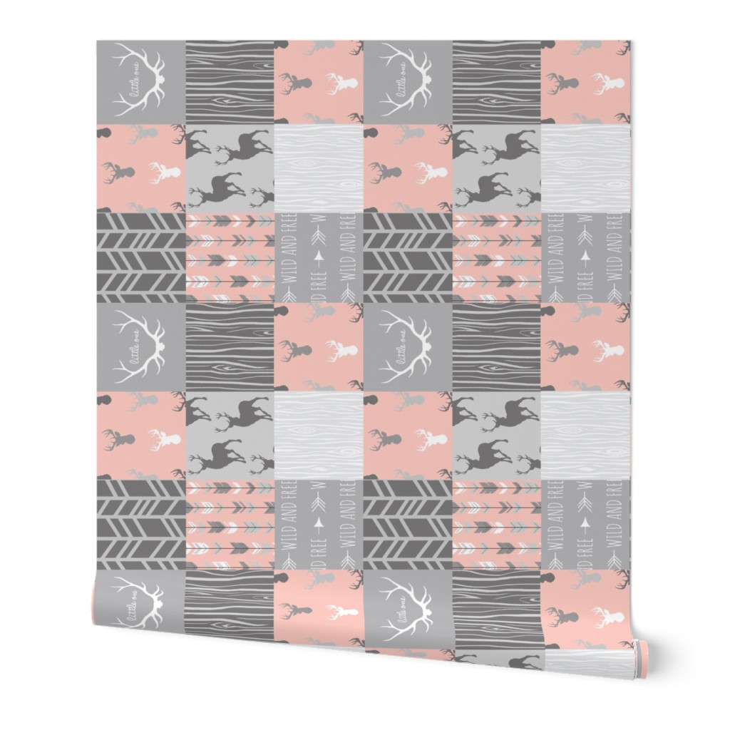 Wholecloth Quilt Rotated - Coral and Grey Patchwork Deer, Arrows, Woodgrain