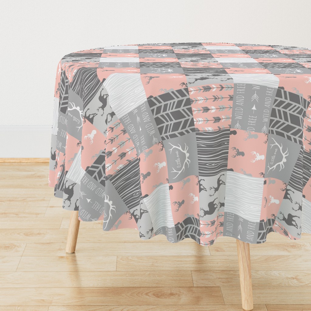 Wholecloth Quilt Rotated - Coral and Grey Patchwork Deer, Arrows, Woodgrain