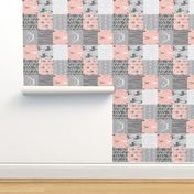 Wholecloth Quilt Rotated - Coral and Grey Patchwork Deer, Arrows, Woodgrain